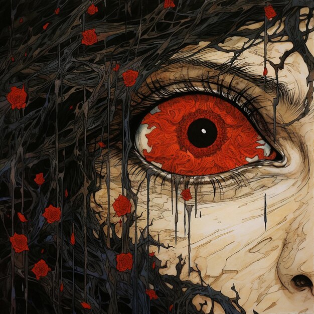 pintura de uma mulher com sangue gotejando pelos olhos e um olho vermelho generativo ai