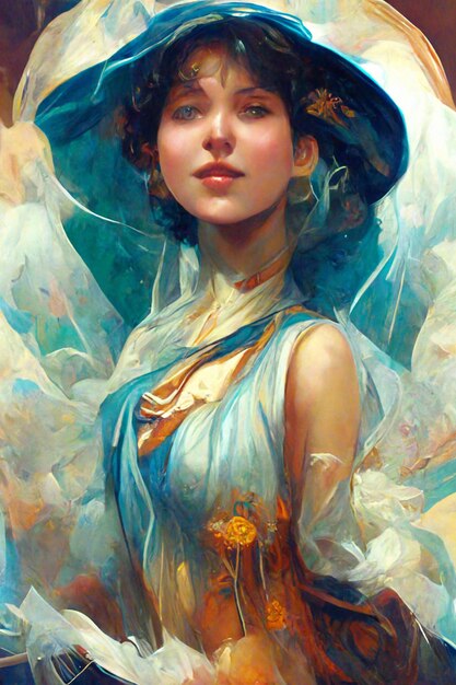 pintura de uma mulher com um chapéu azul e vestido segurando um ventilador generativo ai