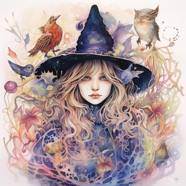 pintura de uma mulher com um chapéu de bruxa com pássaros e flores