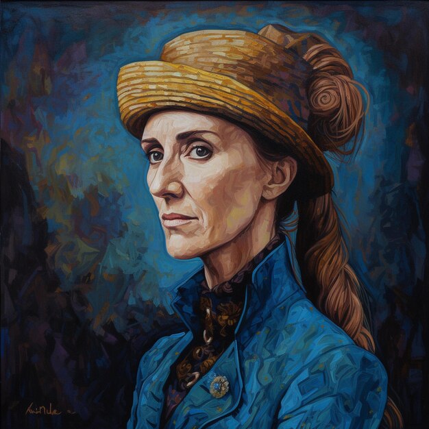 pintura de uma mulher com um chapéu de palha e casaco azul generativo ai