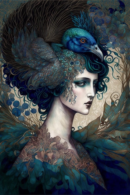 Pintura de uma mulher com um pavão na cabeça generativa ai