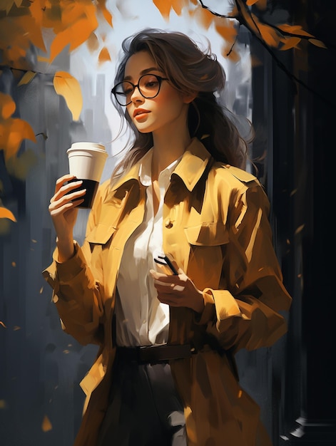 pintura de uma mulher com um sobretudo segurando uma xícara de café gera IA