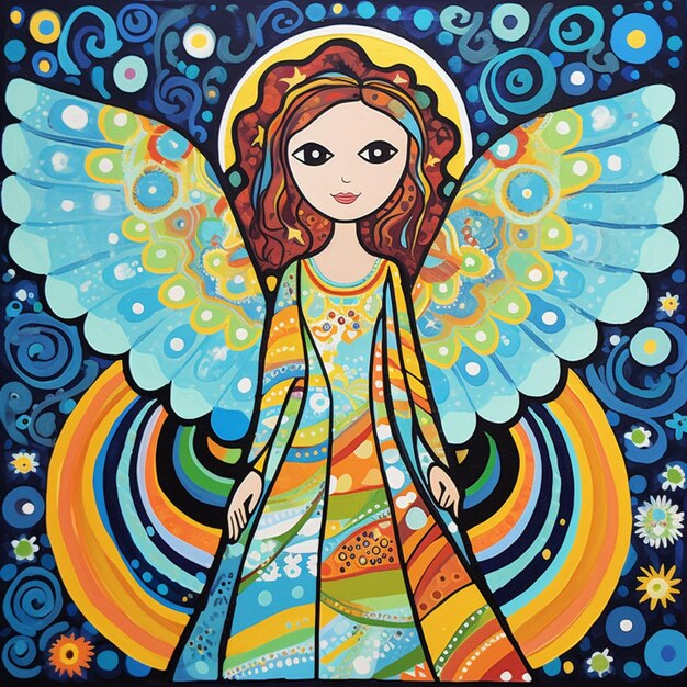 pintura de uma mulher com um vestido azul e um anjo amarelo generativo ai