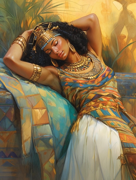 pintura de uma mulher com um vestido colorido deitada em um sofá