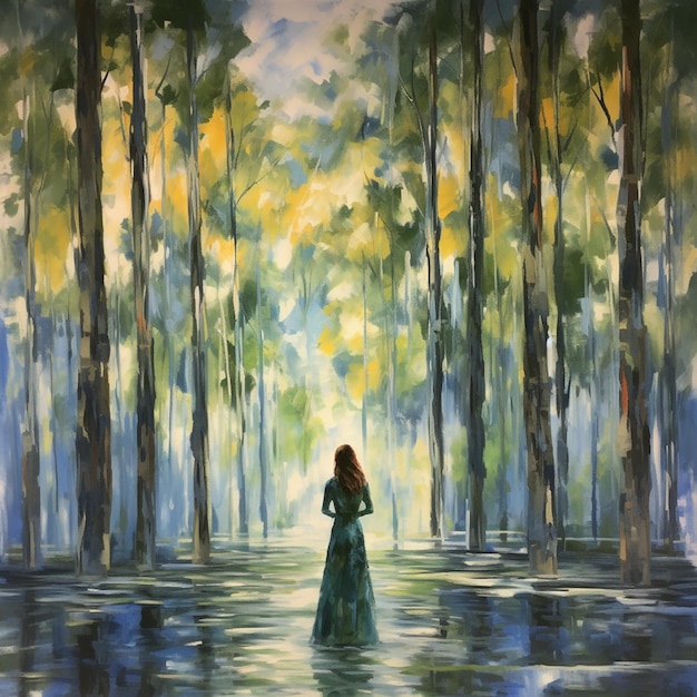 pintura de uma mulher com um vestido longo andando por uma floresta generativa ai