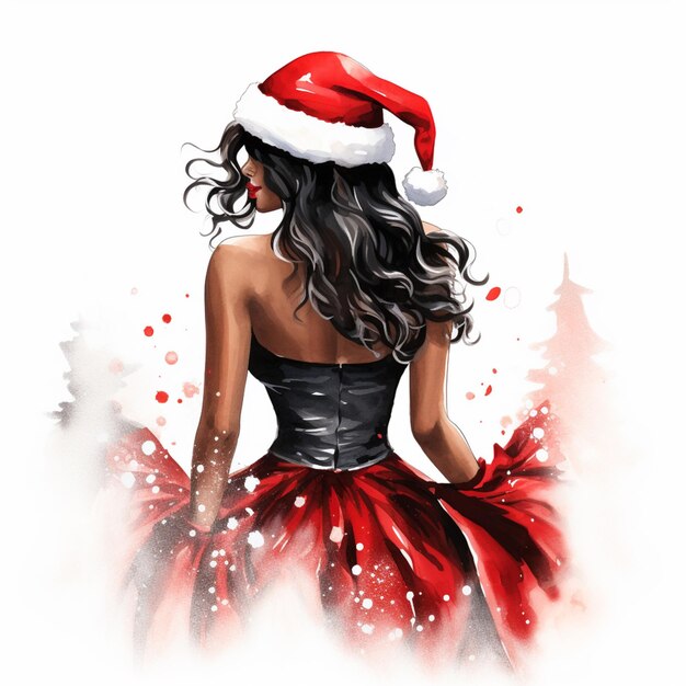 pintura de uma mulher com um vestido vermelho e chapéu de Papai Noel generativ ai