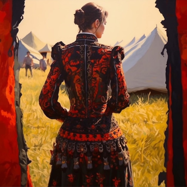 pintura de uma mulher com um vestido vermelho e preto parada em um campo generativo ai