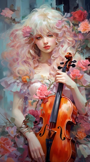 pintura de uma mulher com um violino e rosas generativa ai