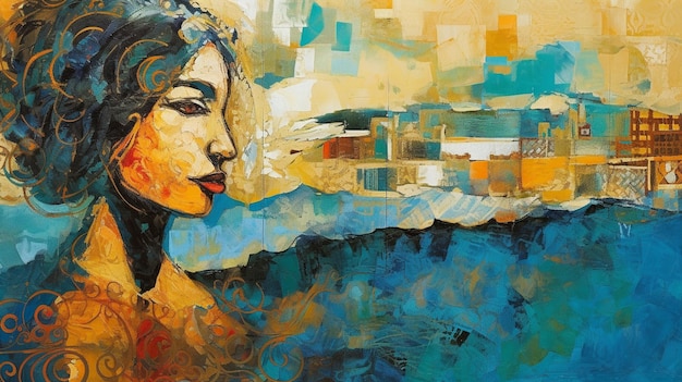 Pintura de uma mulher com uma cidade ao fundo generative ai