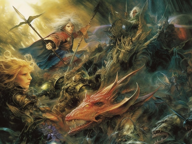 pintura de uma mulher com uma espada e um dragão em uma floresta generativa ai