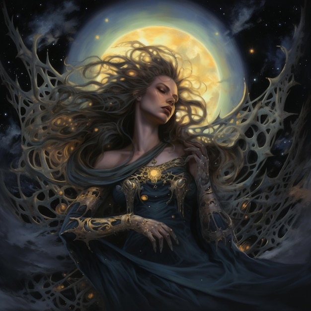 pintura de uma mulher com uma lua cheia no fundo generativo ai