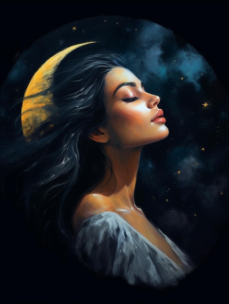 pintura de uma mulher com uma lua no cabelo generativo ai