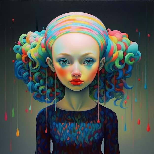 Pintura de uma mulher com uma peruca colorida e um penteado colorido generative ai