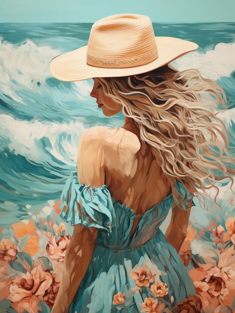 pintura de uma mulher com vestido azul e chapéu em pé na praia generativ ai