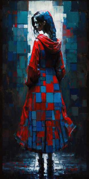 Pintura de uma mulher de casaco vermelho com ai generativa