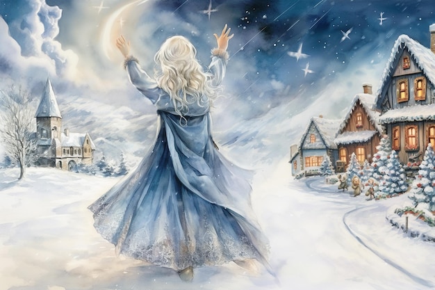 pintura de uma mulher de vestido azul caminhando na neve generativa ai