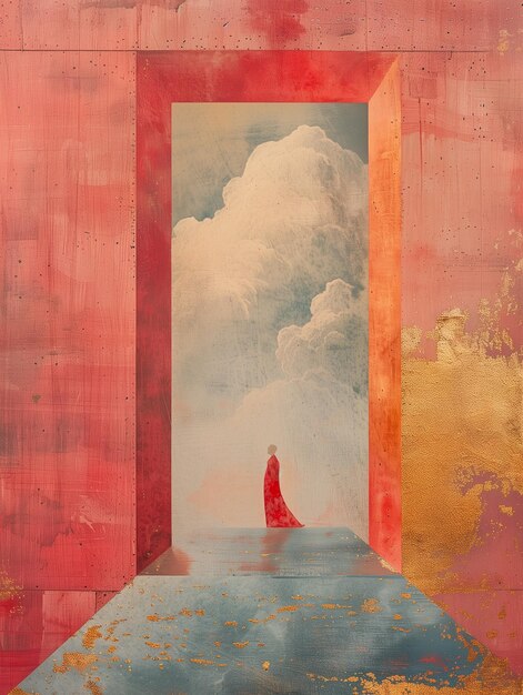 pintura de uma mulher de vestido vermelho de pé em uma porta generativa ai