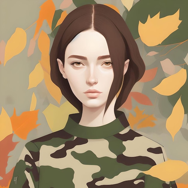 Pintura de uma mulher em camisa camuflada olhando para a câmera com folhas de outono abstratas
