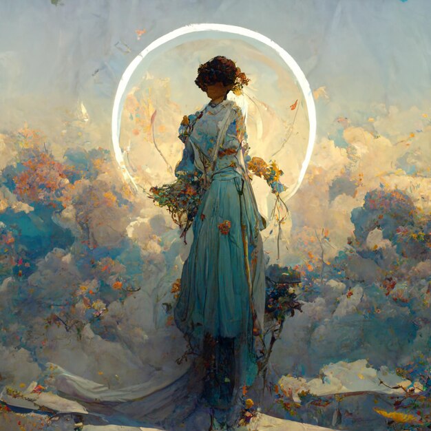 pintura de uma mulher em um vestido azul de pé na frente de um céu generativo ai