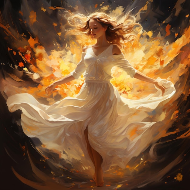 pintura de uma mulher em um vestido branco está andando através de um ai gerador de fogo