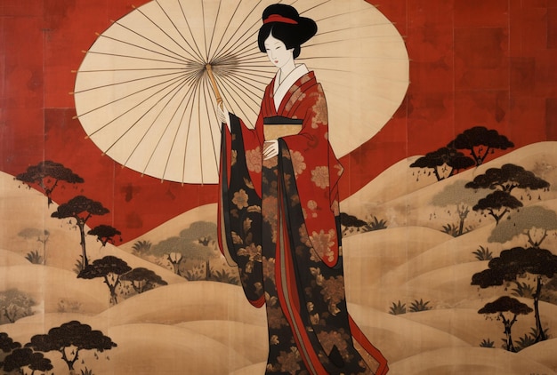 pintura de uma mulher em um vestido de kimono segurando um guarda-chuva