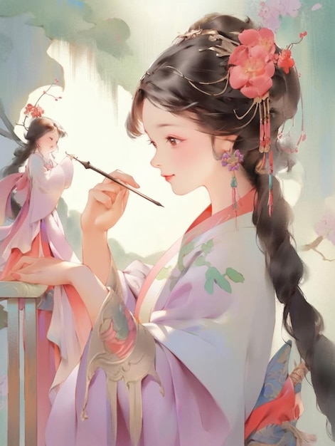 Pintura de uma mulher em um vestido de kimono segurando um pincel generativo ai