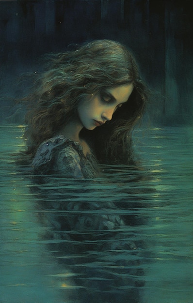 pintura de uma mulher em um vestido escuro em um corpo de água generativa ai