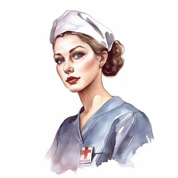 Pintura de uma mulher em uniforme de enfermeira com uma cruz vermelha no peito