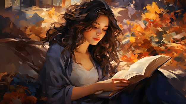 pintura de uma mulher lendo um livro em um parque IA generativa