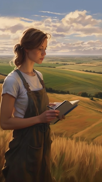 Foto pintura de uma mulher num campo a ler um livro generativo ai