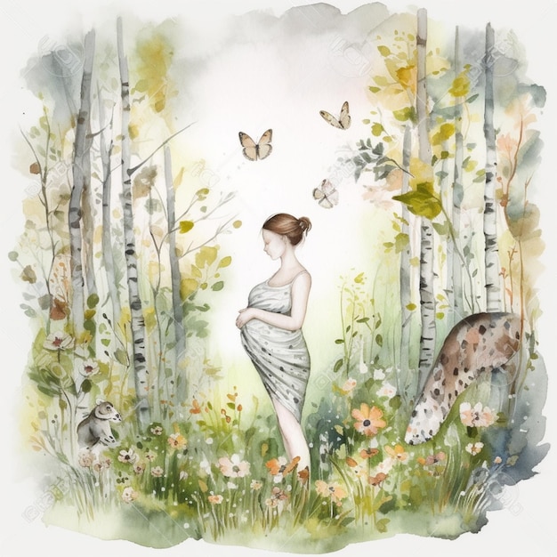 pintura de uma mulher numa floresta com um gato e uma borboleta