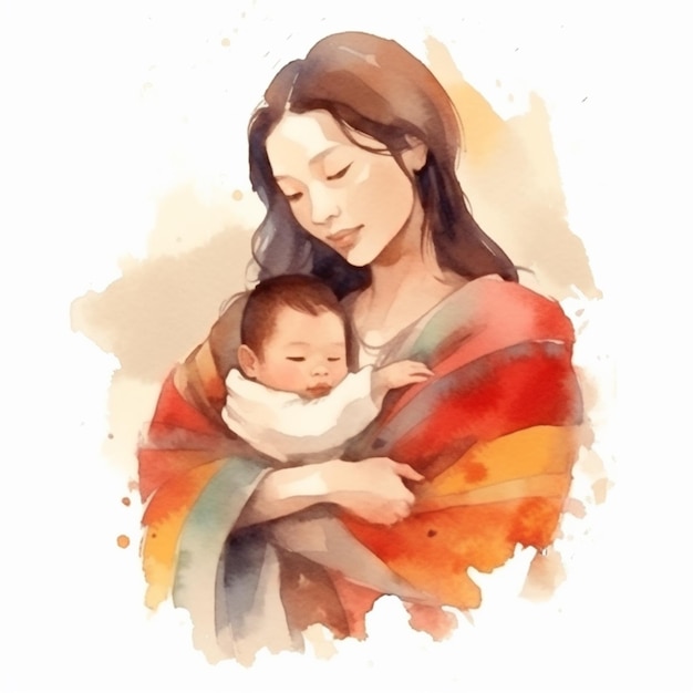 Pintura de uma mulher segurando um bebê em um sling generative ai