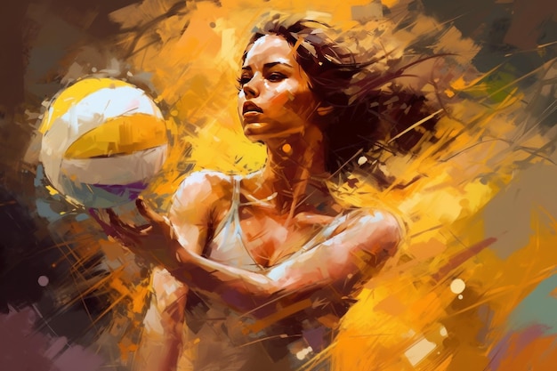 Foto pintura de uma mulher segurando uma bola de vôlei generative ai