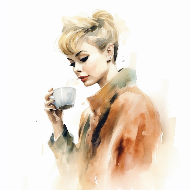 pintura de uma mulher segurando uma xícara de café na mão generativa ai