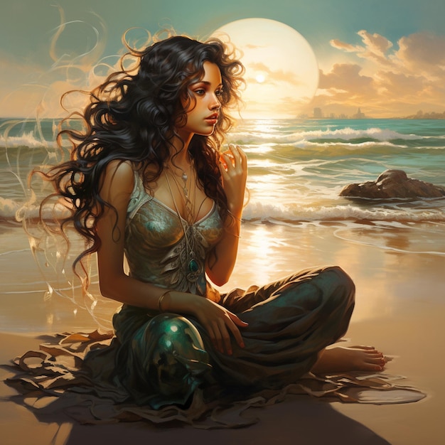 pintura de uma mulher sentada na praia com uma lua cheia no fundo