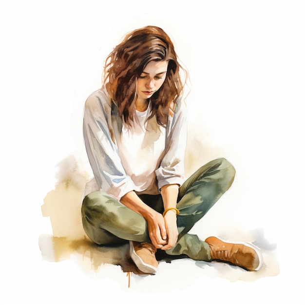 pintura de uma mulher sentada no chão amarrando seu sapato