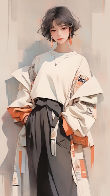 pintura de uma mulher vestida de quimono encostada em uma parede gerativa de IA