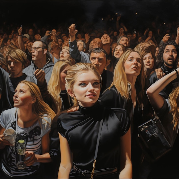 Foto pintura de uma multidão de pessoas assistindo a uma apresentação com uma mulher em um vestido preto generativo ai