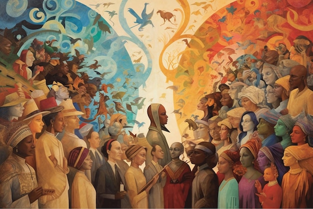 Pintura de uma multidão de pessoas na frente de um mural generativo ai
