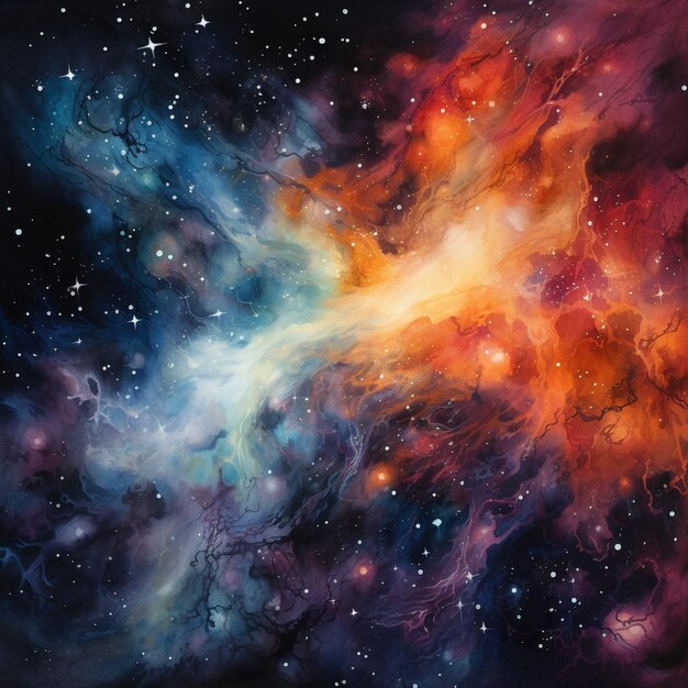 pintura de uma nebulosa colorida com estrelas e uma brilhante nebulosa laranja e azul generativa ai