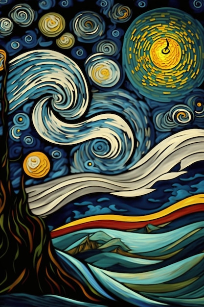Pintura de uma noite estrelada com uma árvore em primeiro plano generativa ai