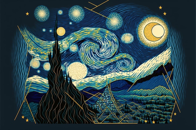 Pintura de uma noite estrelada com uma montanha ao fundo generative ai