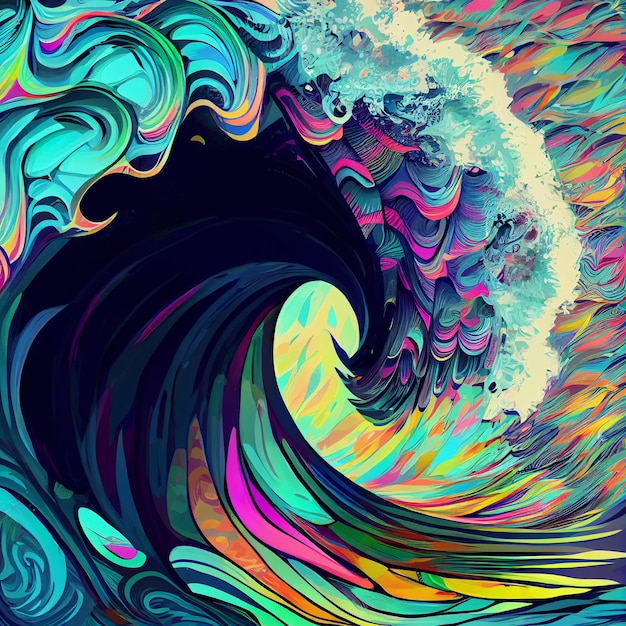 Pintura de uma onda colorida saindo do oceano generative ai