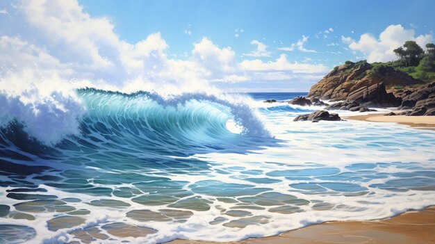 pintura de uma onda quebrando em uma praia com uma costa rochosa generativa ai