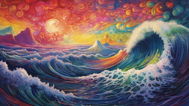 pintura de uma onda quebrando na frente de um pôr-do-sol colorido generativo ai