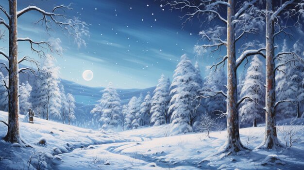 pintura de uma paisagem coberta de neve com um caminho através da floresta generativo ai