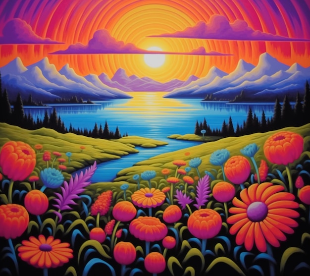 Pintura de uma paisagem colorida com flores e um lago generativo ai