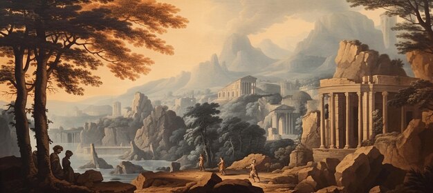 pintura de uma paisagem com um homem e uma mulher em pé em uma costa rochosa gera IA