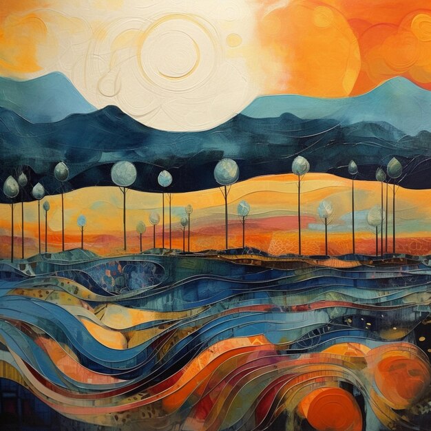 Pintura de uma paisagem com um pôr-do-sol e um rio generativo ai