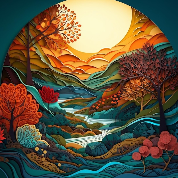 Pintura de uma paisagem com um rio e árvores em primeiro plano
